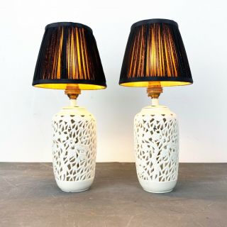 Small Chinese Mid Century Vintage Blanc De Chine Reticulated Table Lamps