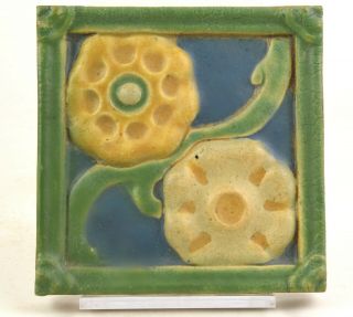 Grueby Pottery 6 " By 6 " Tile Arts And Crafts Period Floral Decoration