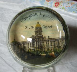 3 " Round Glass Dome Paperweight " Cheyenne Wyoming State Capitol " (c.  1940s)
