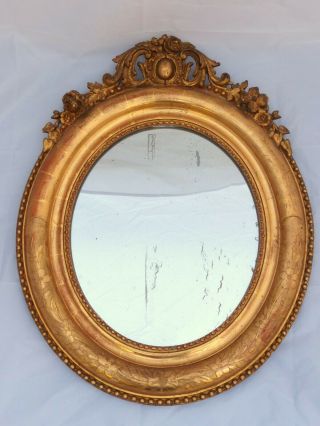20 " French 19th Napoleon Iii Gilded,  Rare Oval Mirror With Pediment Medallion