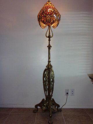 Stunning Vintage Art Nouveau Brass Floor Lamp With Leaded Shade,  Iris Design