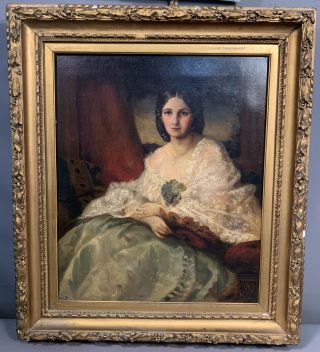 Lg 19thc Antique Victorian Era Lady Portrait Old York Estate Oil Painting