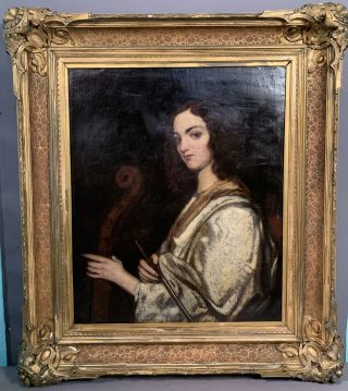 Lg 19thc Antique Victorian Era Lady Musician & Cello Old Portrait Oil Painting