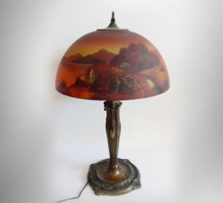 Pittsburgh Art Nouveau Lamp With Reverse Painted Glass Shade