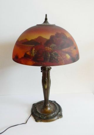 Pittsburgh art nouveau lamp with reverse painted glass shade 2