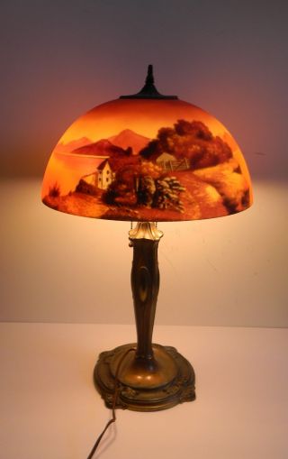 Pittsburgh art nouveau lamp with reverse painted glass shade 3