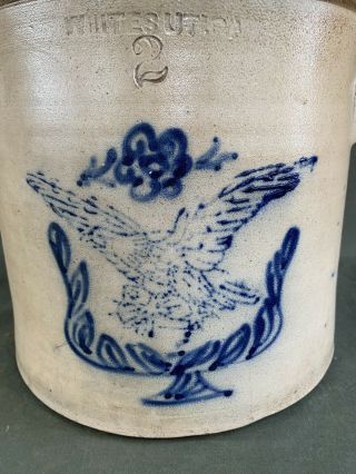 Antique Whites of Utica 2 Gallon Stoneware Crock with Blue Eagle and Flower 3