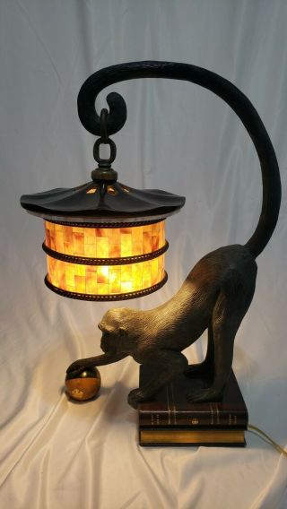 Maitland Smith Vintage Patina Bronze Penshell Shade Monkey Lamp Table Desk Lamp