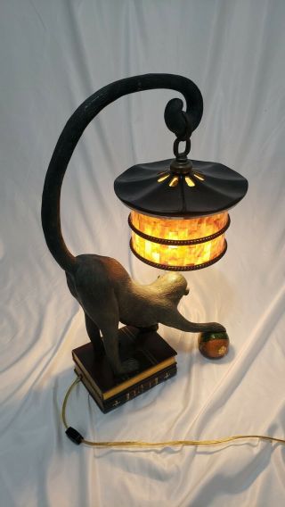 Maitland Smith Vintage Patina Bronze Penshell Shade Monkey Lamp Table Desk Lamp 2