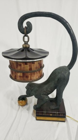 Maitland Smith Vintage Patina Bronze Penshell Shade Monkey Lamp Table Desk Lamp 3