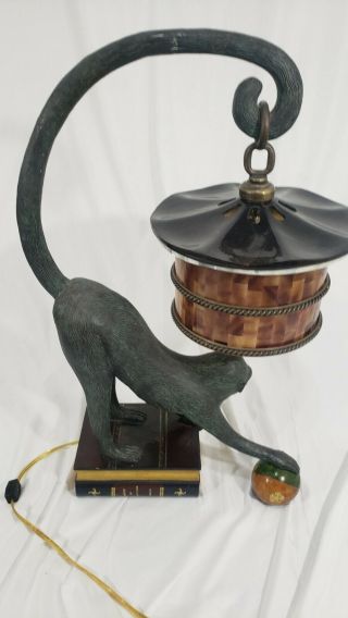 Maitland Smith Vintage Patina Bronze Penshell Shade Monkey Lamp Table Desk Lamp 4