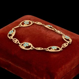 Antique Vintage Art Nouveau 10k Yellow Gold Blue Enamel Flower Chain Bracelet