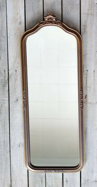 Vintage Art Deco Arched Top Floral Wood Gesso Gold Polychrome Wall Hall Mirror