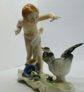 Antique Art Deco Figurine Karl Ens Germany Porcelain Girl Goose Flawless