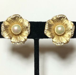 Christian Dior Vintage Couture Rhinestone Pearl Flower Earrings