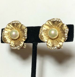 Christian Dior Vintage Couture Rhinestone Pearl Flower Earrings 2