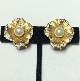 Christian Dior Vintage Couture Rhinestone Pearl Flower Earrings 3