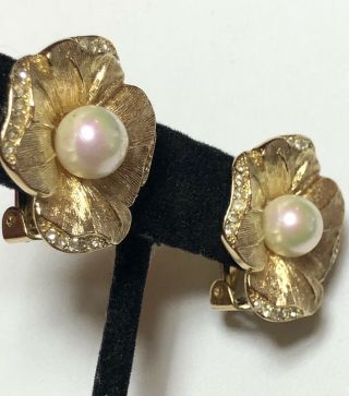 Christian Dior Vintage Couture Rhinestone Pearl Flower Earrings 5