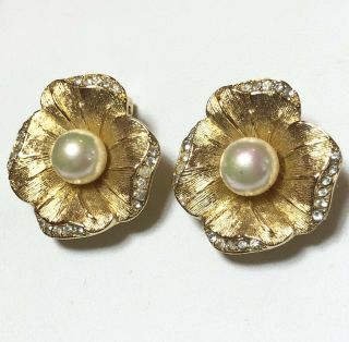 Christian Dior Vintage Couture Rhinestone Pearl Flower Earrings 6