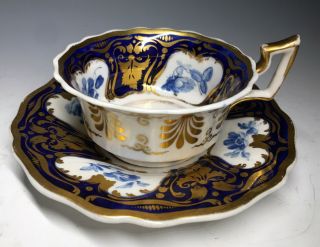 Antique 19th C.  Hand Painted Porcelain Cobalt & Gilt Teacup & Saucer Cup Plate