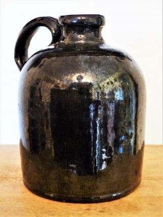Antique Early 19th C Black Brown Glaze Redware Whiskey Liquor Crock Jug