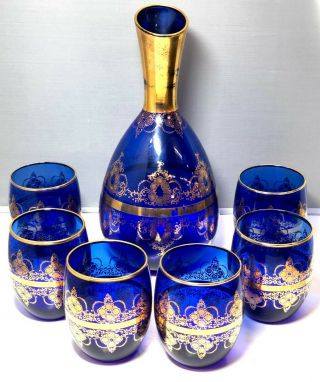 Venetian Glass Decanter With 6 Glasses - Cobalt Blue With 22k Gold Trim