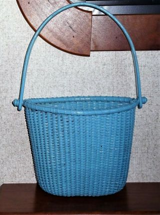Hanging Easter Basket Wall Plant Door Mail Holder Blue Wood & Wicker Shabby Chic