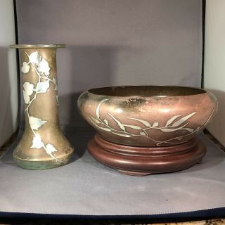 Heintz Arts & Craft Sterling Silver Bronze Vase & Bowl 3596c 3665 Vtg Old Rare