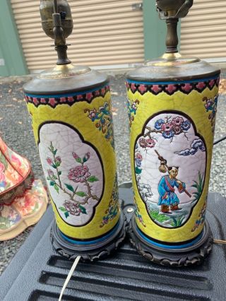 Pair Antique Hand Painted Yellow Enamel Porcelain Chinese Electric Table Lamp