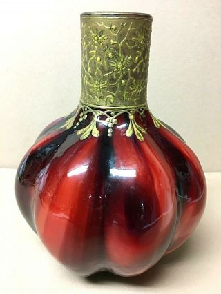 Antique 19th Century Czech Bohemian Cased Glass Decanter W/gilded Enamel Neck