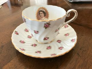 Aynsley Bone China Cup And Saucer With Queen Elizabeth And Pink Roses.  Antique