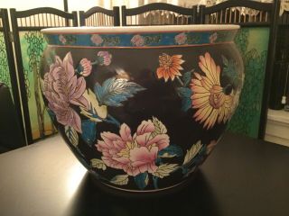 Chinese Famille Rose Flower Koi Fish Bowl Black Noir Planter Jardiniere Pottery