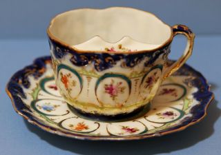 Antique Victorian Mustache Cup And Saucer - Scalloped Edges - Royal Blue Floral