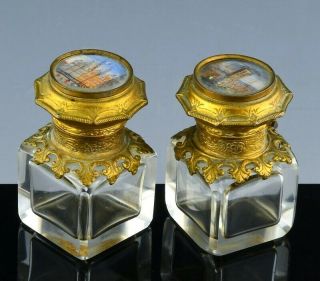 Rare Pair C1820 French Grand Tour Miniature Painted Paris Scene Perfume Bottles