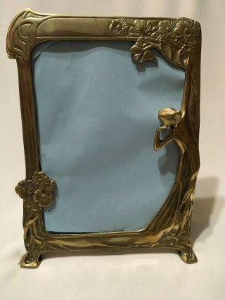 Vintage Brass Art Deco Lady Figure Easel Table Mirror 13.  5 X 10 " Rare Large Size