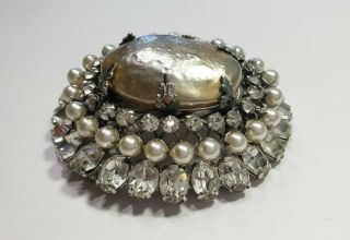 VTG SIGNED SCHREINER YORK LARGE FAUX MABE BAROQUE PEARL DIAMONTES BROOCH 2