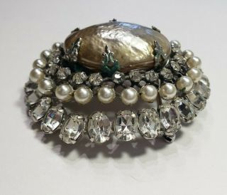 VTG SIGNED SCHREINER YORK LARGE FAUX MABE BAROQUE PEARL DIAMONTES BROOCH 5