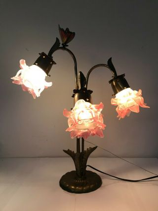 Vintage Butterfly Brass Metal Table Lamp Pink Glass Shades Floral Tiffany Style