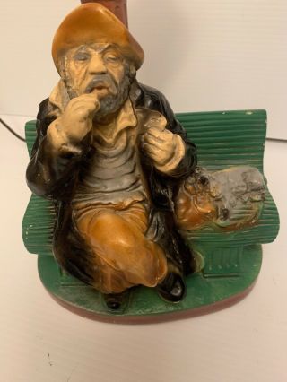 Large 12” Vintage Chalkware Plaster Statue table LAMP Man w Dog on a bench 2