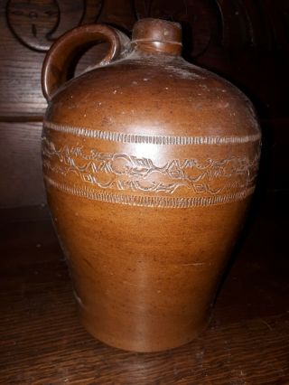 Antique Stoneware Salt Glaze Jug Crock Bottle Handled Pottery Etched