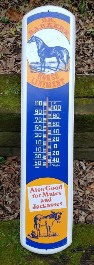 Large Vintage Dr.  Barkers Horse Mule Liniment Metal Advertising Thermometer Sign