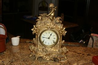 Vintage Antique Victorian Gold Gilt Cherub Wind - Up Clock 17  Tall