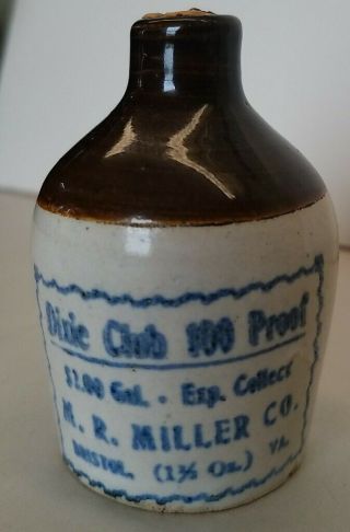 Dixie Club Mini Stoneware Jug Bristol Va Virginia Miller Prohibition Miniature