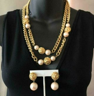 Vintage Givenchy 44 " Long Faux White Pearl Necklace/ Earrings Set Gold Tone