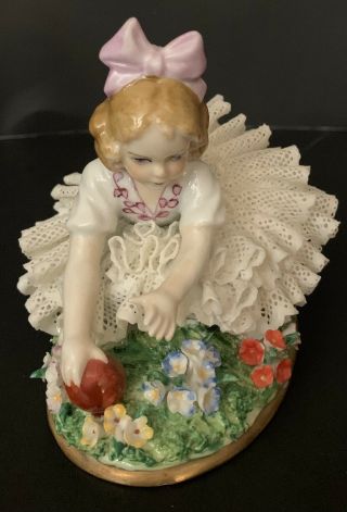 Antique Sitzendorf Dresden Lace Porcelain Figurine Girl Holding Red Ball