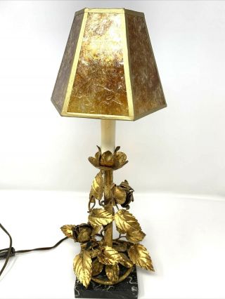 Vintage Hollywood Regency Italian Gold Gilt Tole Roses Boudoir Lamp Marble Base