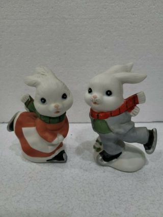 Vintage Homco Bunny Rabbits Winter Ceramic Figurines Boy Girl Pair Ice Skating