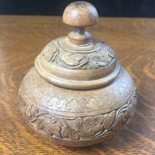 Antique Vintage Ornate Carved Wooden Spice Jar Pot W/ Lid Primitive Treenware