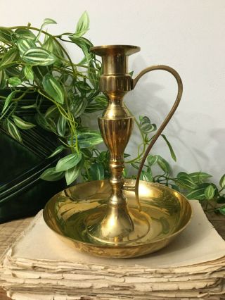 Vintage Brass Candlestick Holder With Handle And Drip Tray Pranges