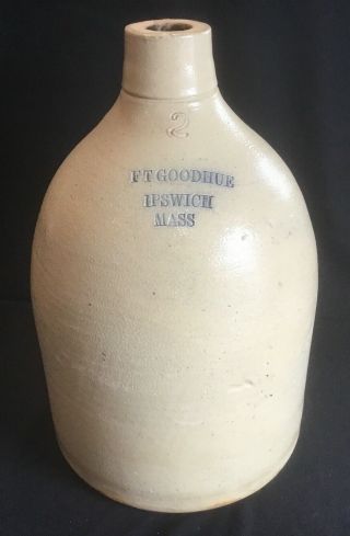 Antique 2 Gallon Salt Glazed Stoneware Crock Jug Ft Goodhue Ipswich Ma